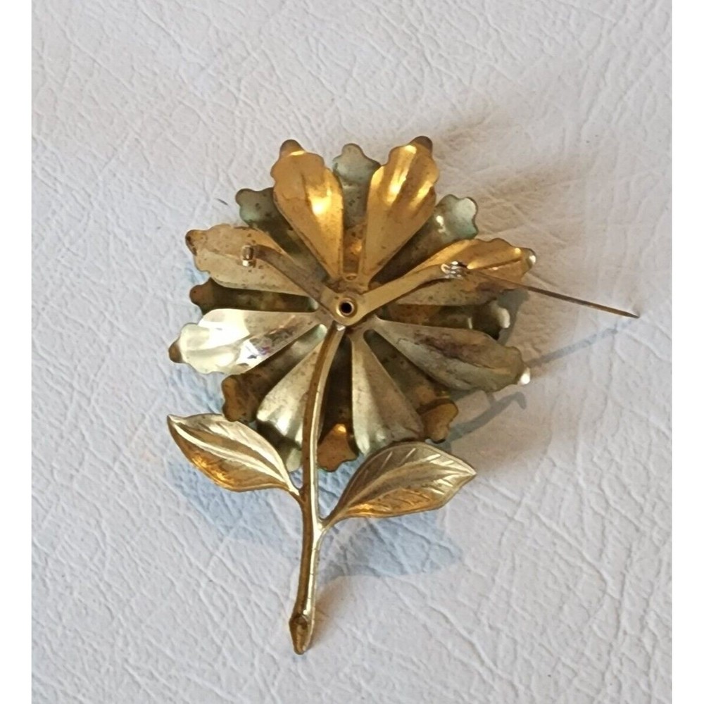 Vintage 1950-60s 2-Tone Green Enamel Layered Metal Huge Flower Brooch Pin 4" - Picture 5 of 6